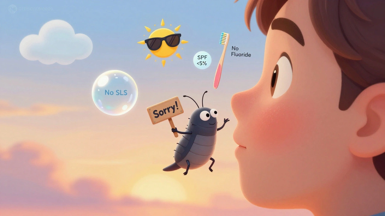 A tiny Demodex mite floating away as healing symbols like SPF and ceramide clouds appear around a peaceful face.