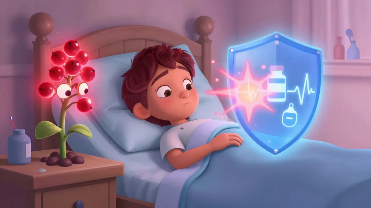 A transplant patient sleeping as elderberry energy clashes with fading medication shields, medical icons flickering nearby.