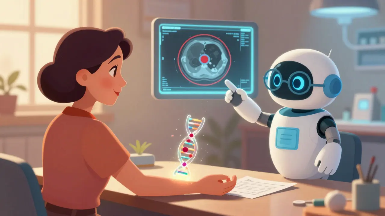 A woman receiving a blood test as a tiny tumor DNA strand glows above her arm, guided by a friendly AI assistant in a cozy medical setting.