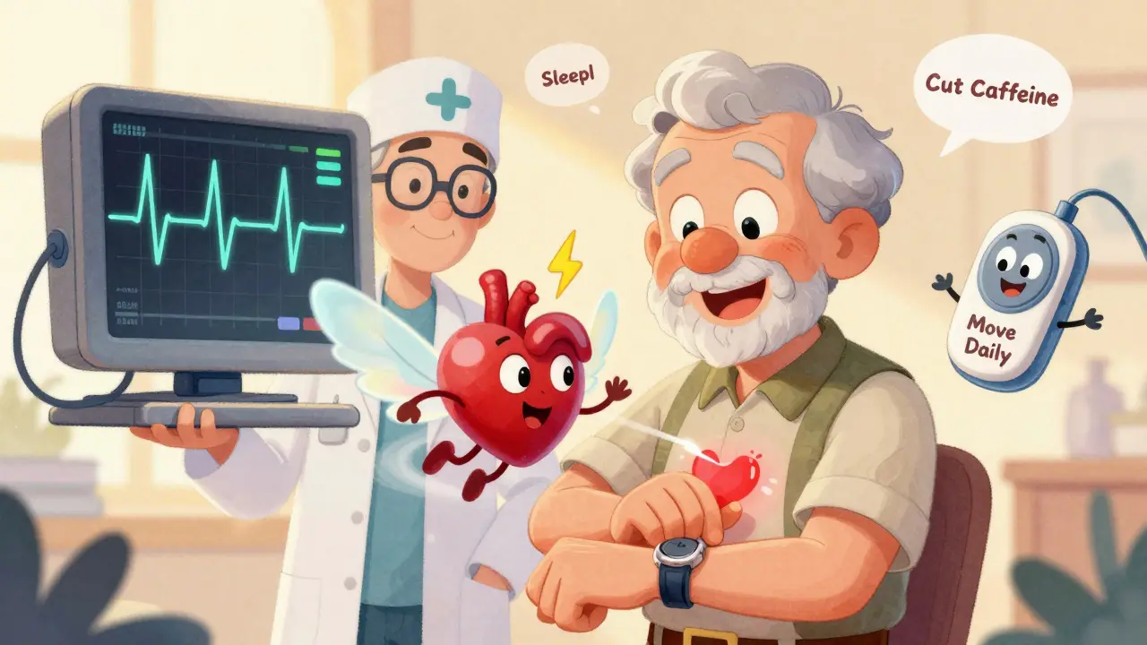 An elderly man checking his pulse as a fluttering AFib sprite spins his heart, with a smiling pacemaker hovering nearby and health tips in bubbles.