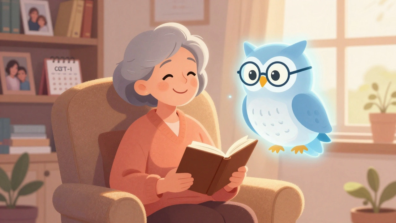 An older woman practicing calming breathing techniques with a wise owl therapist, in a cozy, sunlit room filled with family photos.