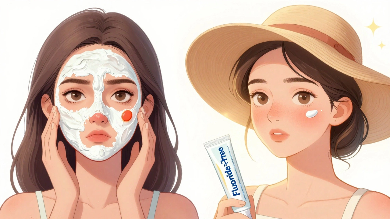 Before and after of perioral dermatitis: irritated face vs. calm, healed skin with gentle sunscreen and fluoride-free toothpaste.