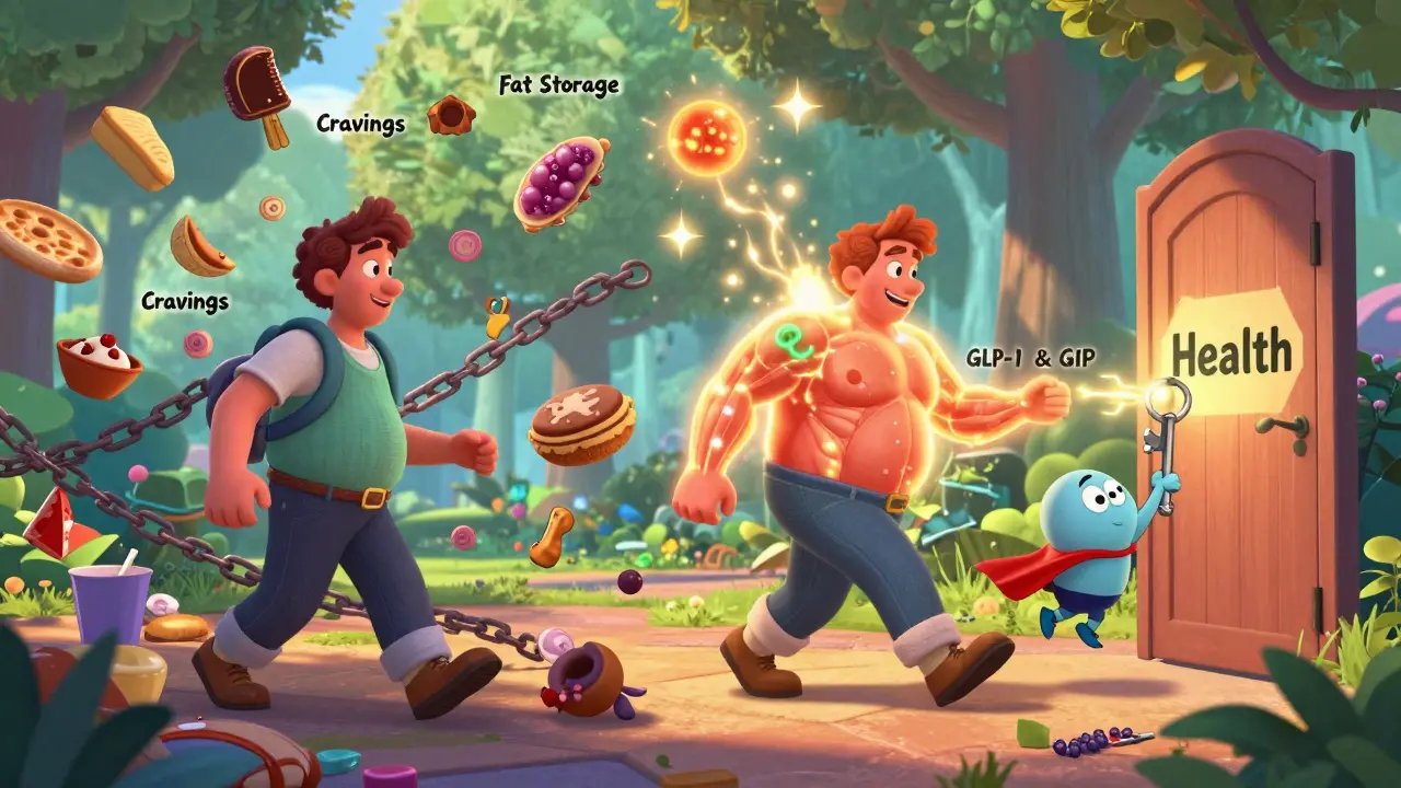 Before-and-after scene: person breaking free from cravings to walk happily in a park, with fat cells turning to sparkles.