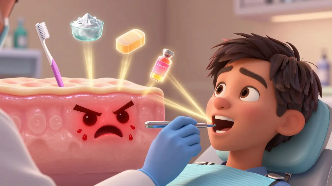 Dentist examining mouth before treatment, with floating prevention icons and before/after visuals.