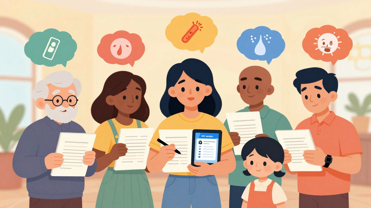 Diverse individuals with personalized symptom logs, thought bubbles showing health icons in a cheerful community center.