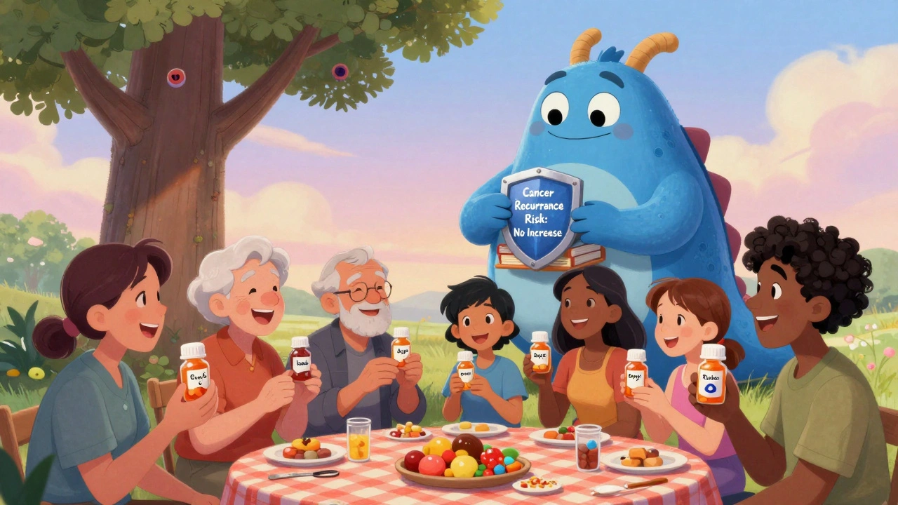 Diverse patients picnic happily with pill bottles, while a friendly dragon-shaped immune system tucks away a &#039;No Increase&#039; shield.