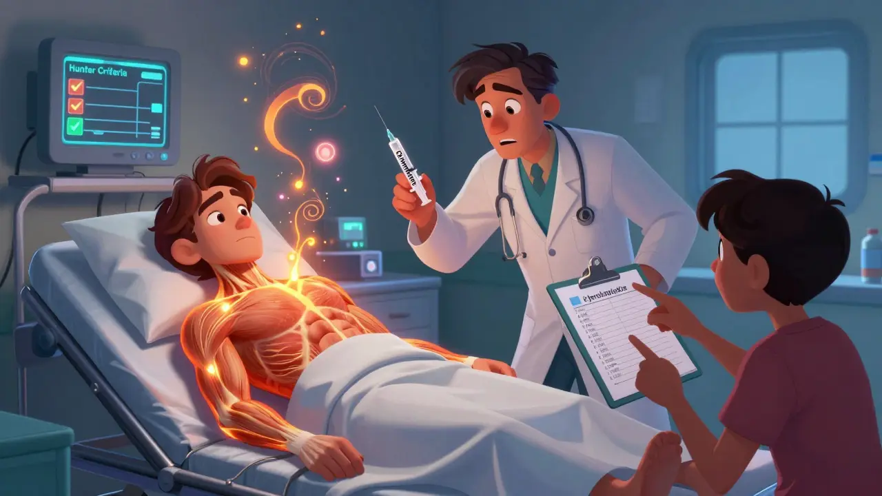 Emergency room scene with a patient experiencing serotonin syndrome as a doctor administers antidote.