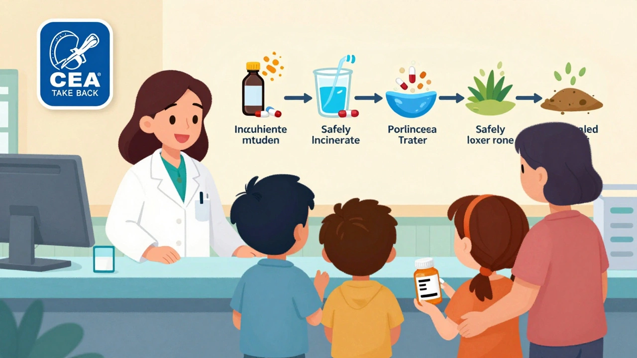 Family dropping off expired meds at a pharmacy take-back kiosk with a smiling pharmacist.