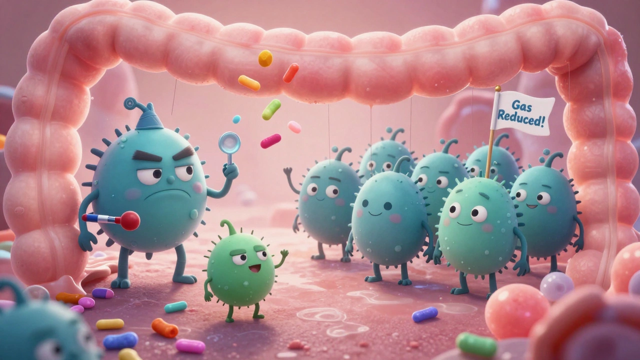Friendly gut bacteria transforming from grumpy to cheerful in a colorful intestine.