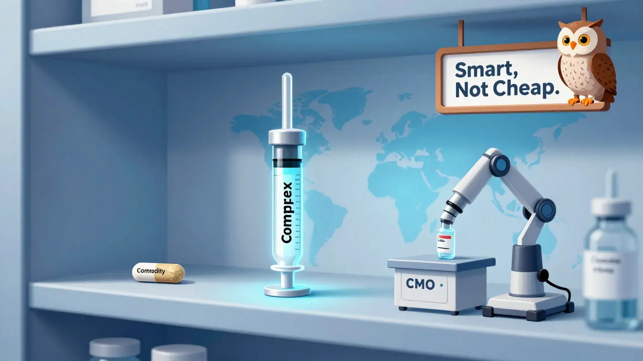 Futuristic pharmacy shelf with fading commodity pill, glowing complex drug, and CMO robot delivering to global markets, with a wise owl on a sign.