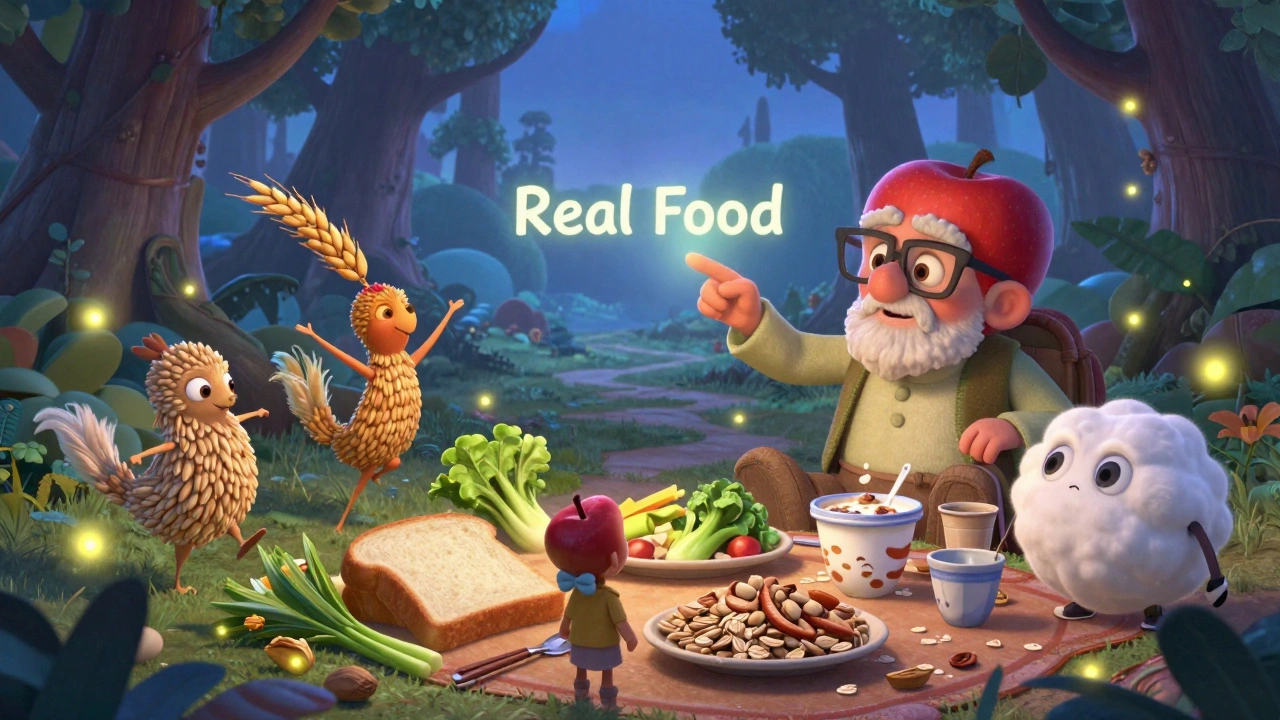 Magical forest with wholesome foods as friendly creatures and processed foods as tired robots, guided by a wise apple.