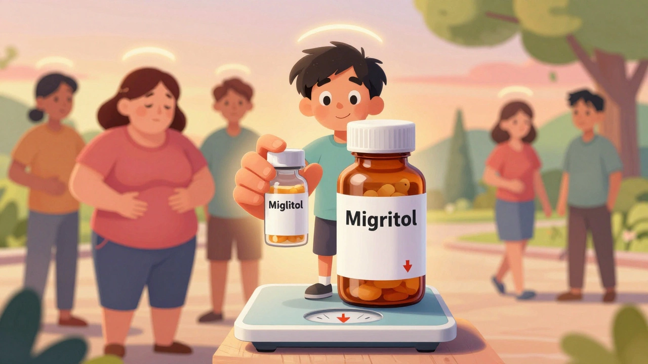 Miglitol and acarbose compared side-by-side with calm vs. bloated outcomes.