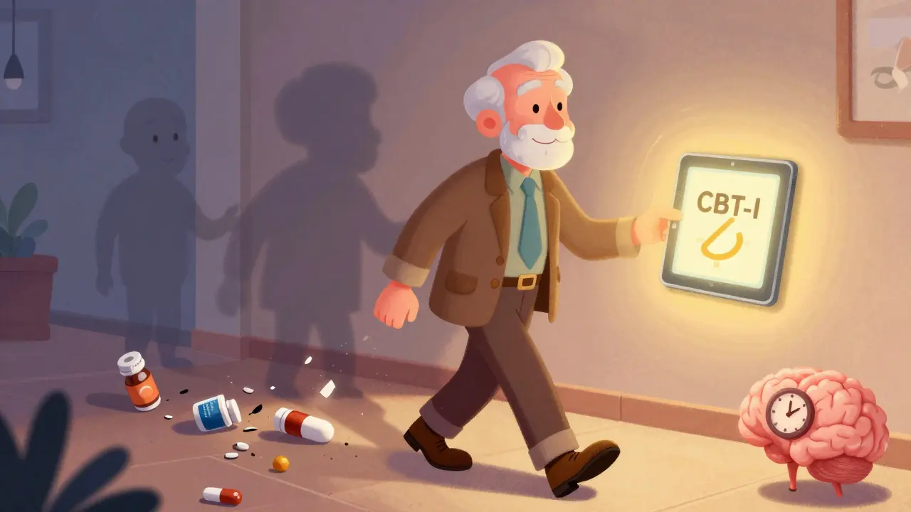 Older man walking confidently as dangerous sleep pills crumble behind him, with a glowing CBT-I app nearby.