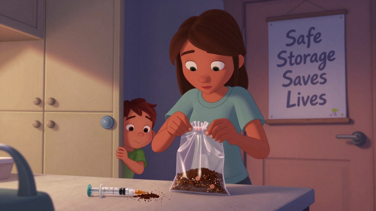 Parent mixing expired pills with cat litter in a sealed bag while a child watches nearby.