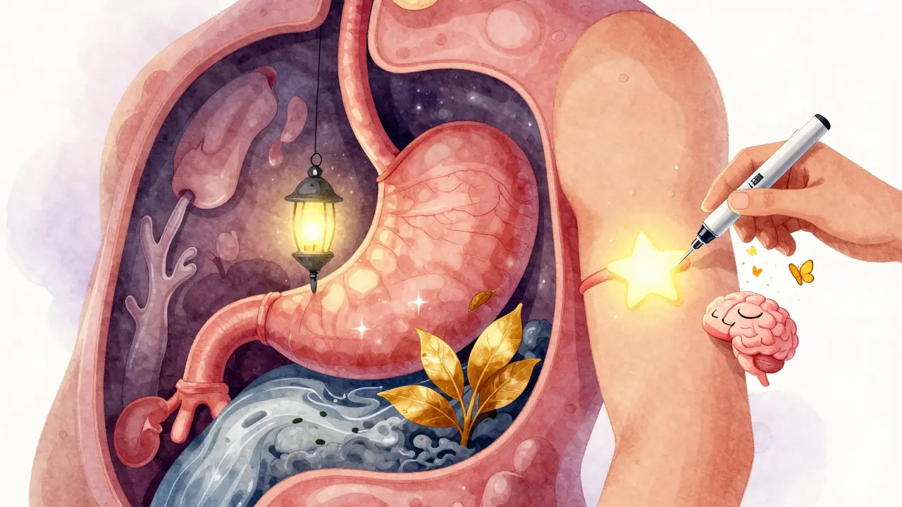 Person injecting a star-shaped pen as magical changes happen inside their body—stomach, pancreas, and fat tissue glowing warmly.