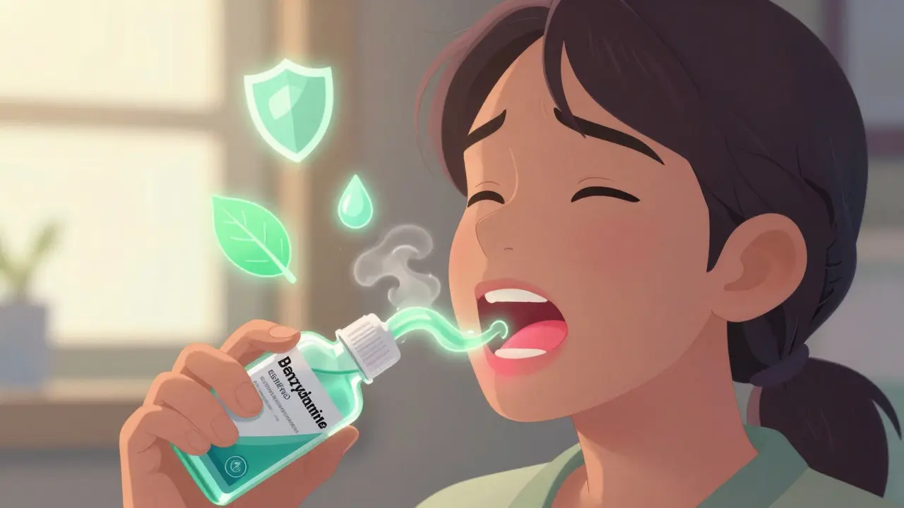 Person using healing mouthwash as green mist transforms inflamed tissue to healthy pink.
