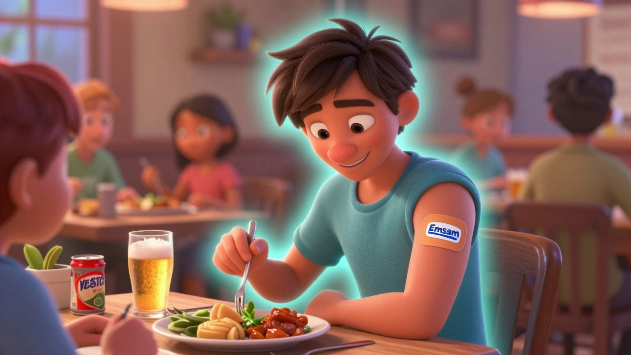 Person with Emsam patch enjoying a meal with loved ones, safe foods in focus.