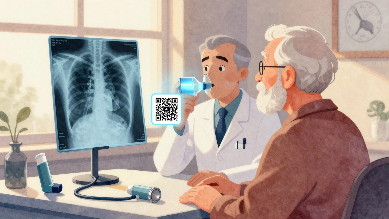 Pharmacist observing senior patient using inhaler with spacer, transparent lungs show effective medicine delivery.