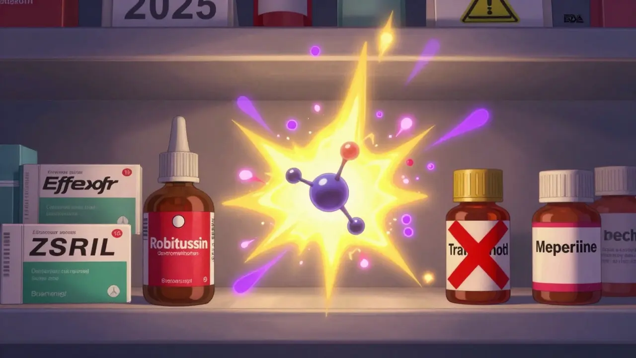 Pharmacy shelf with dangerous drug combinations marked by a glowing serotonin explosion and FDA warning.