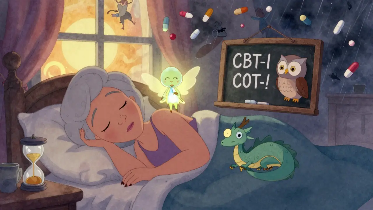 Senior sleeping as gentle sleep guardians hover around her, with falling pills fading in the distance.