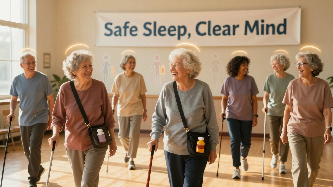 Seniors walking together in a community center, smiling and supported, with fading benzodiazepine bottles in the background.