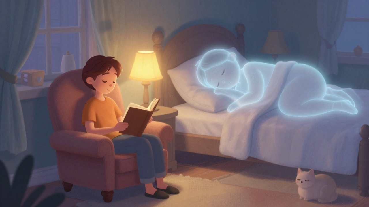 Someone reads calmly in another room while their sleeping self rests peacefully in bed, symbolizing breaking the bed-wake association.