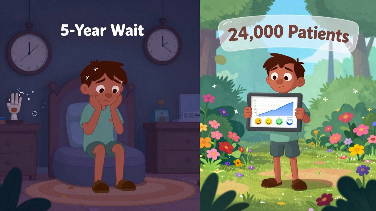 Split scene: left shows worry with clocks and broken joints; right shows joy with blooming flowers and flat recurrence graphs.
