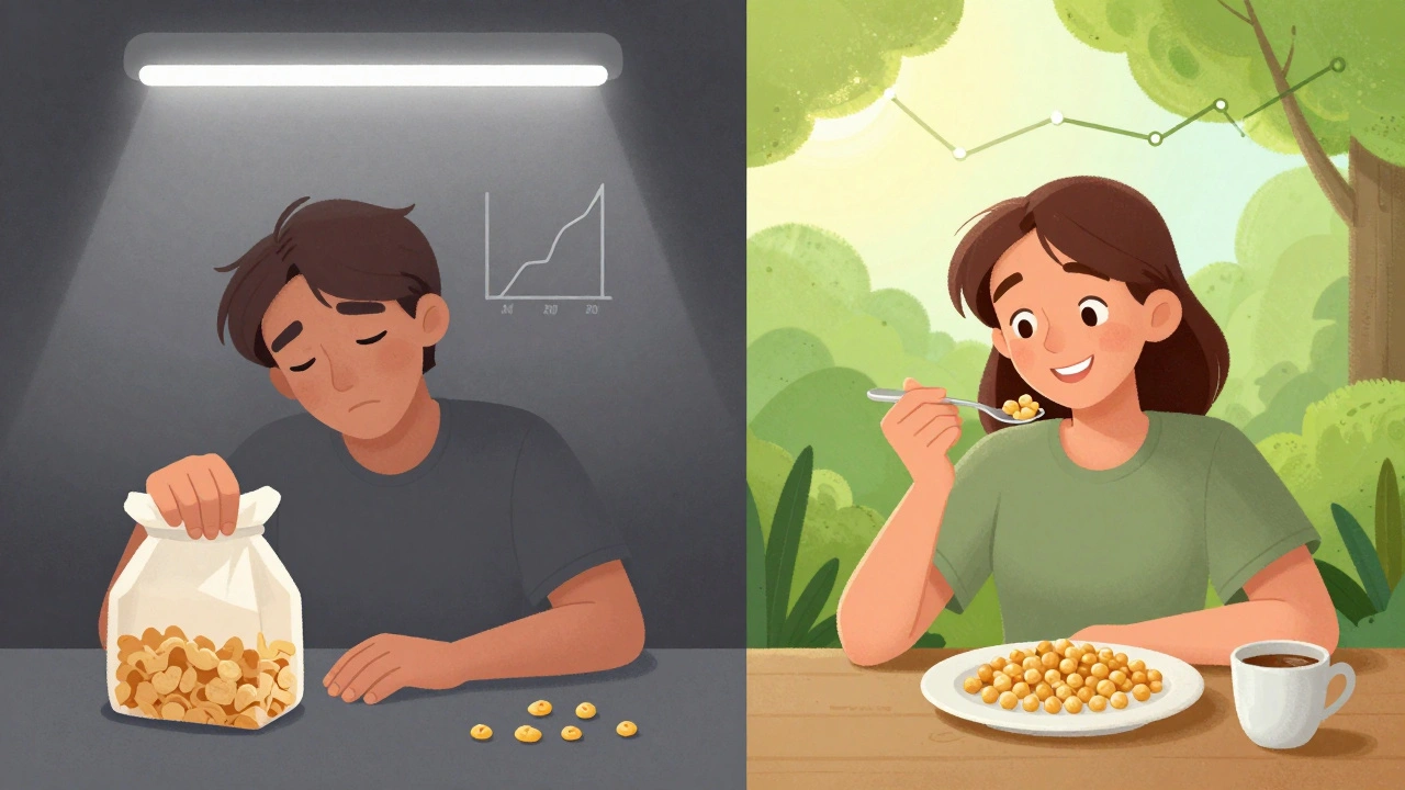 Split-screen Disney-style image showing tired person with junk food vs. happy person with whole foods and steady energy.