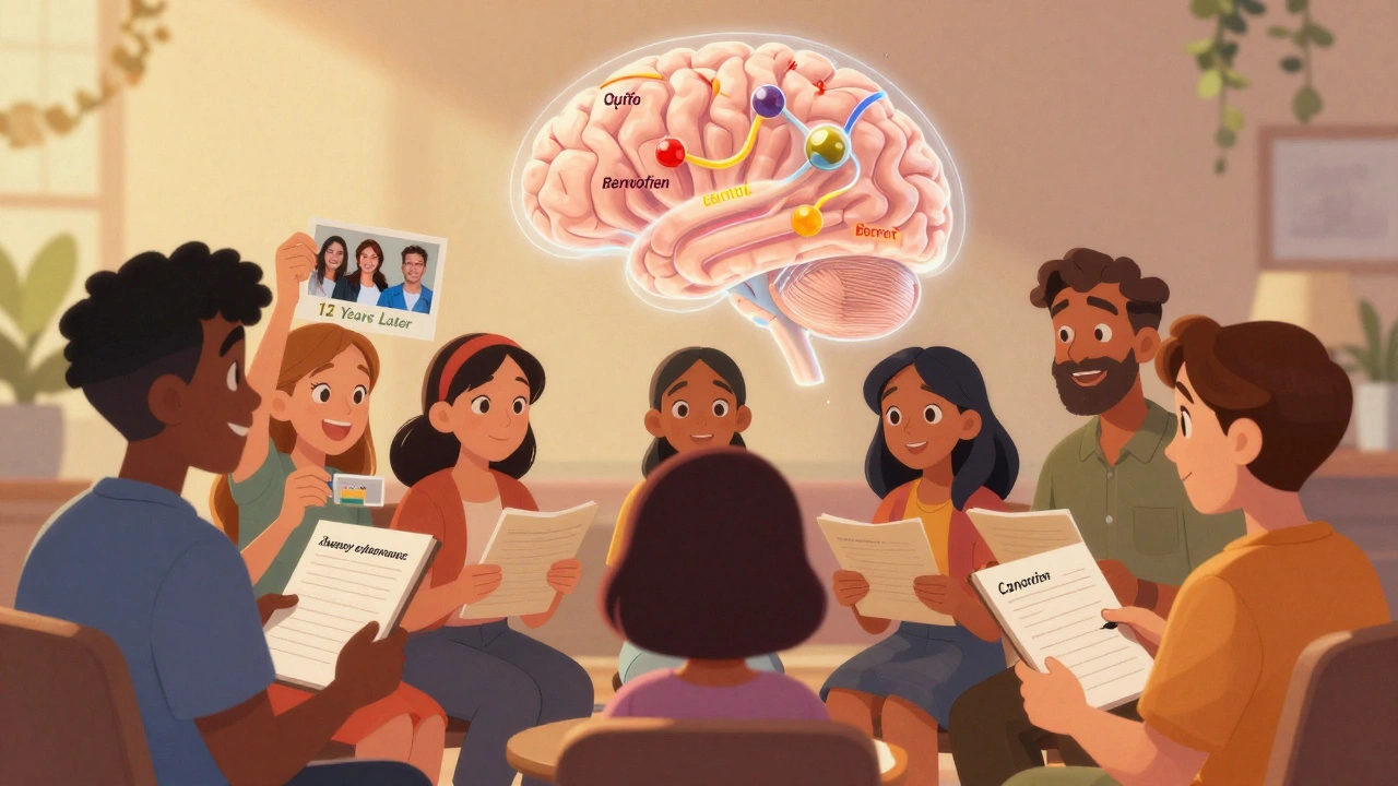 Support group members holding food diaries, with brain graphic showing improved neurotransmitters.