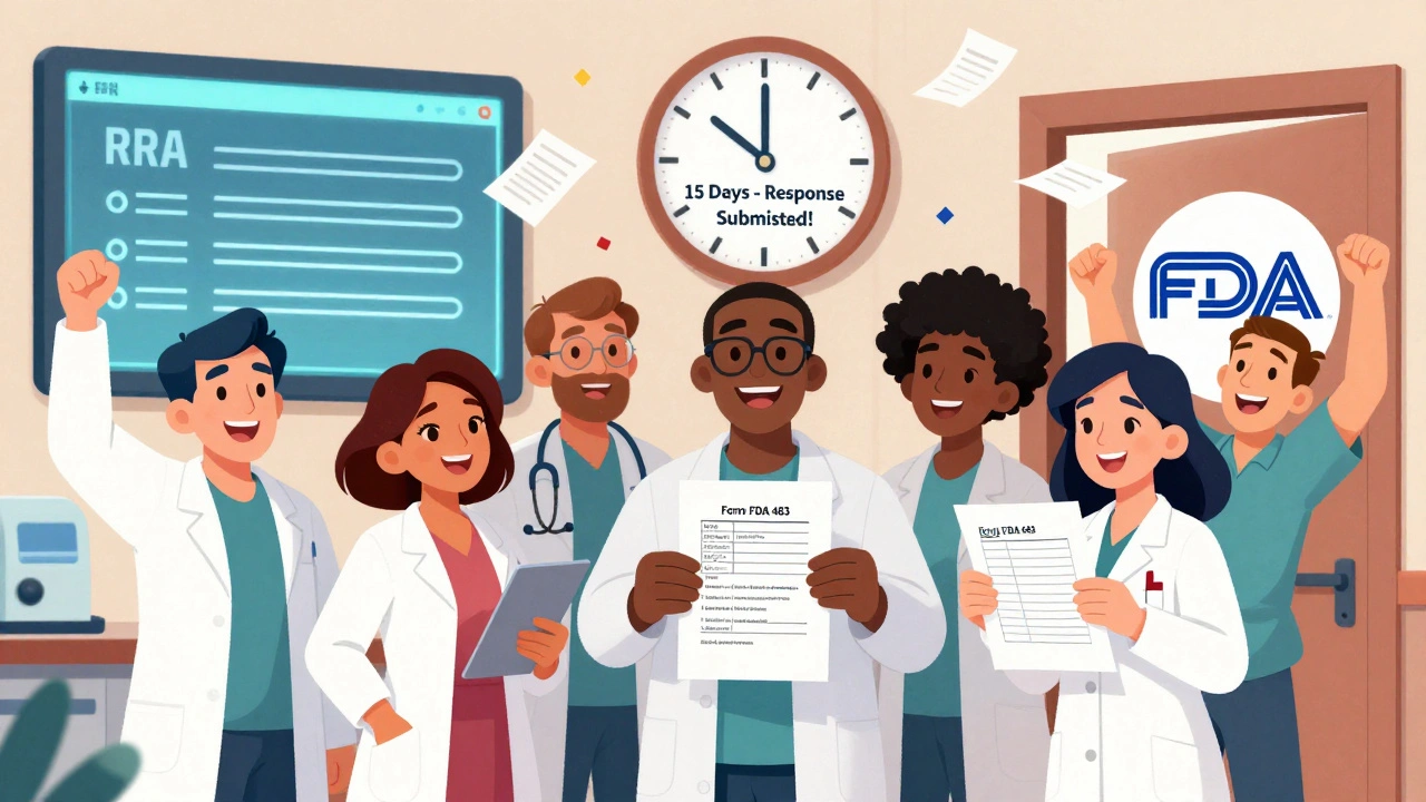 Team celebrating a clean FDA inspection with a zero-observation Form 483 and digital RRA screen visible.