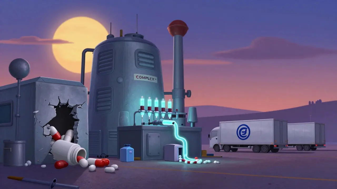 Three generic drug factories illustrated in Disney style: crumbling commodity, high-tech complex, and quiet contract manufacturing under a hopeful sunset.