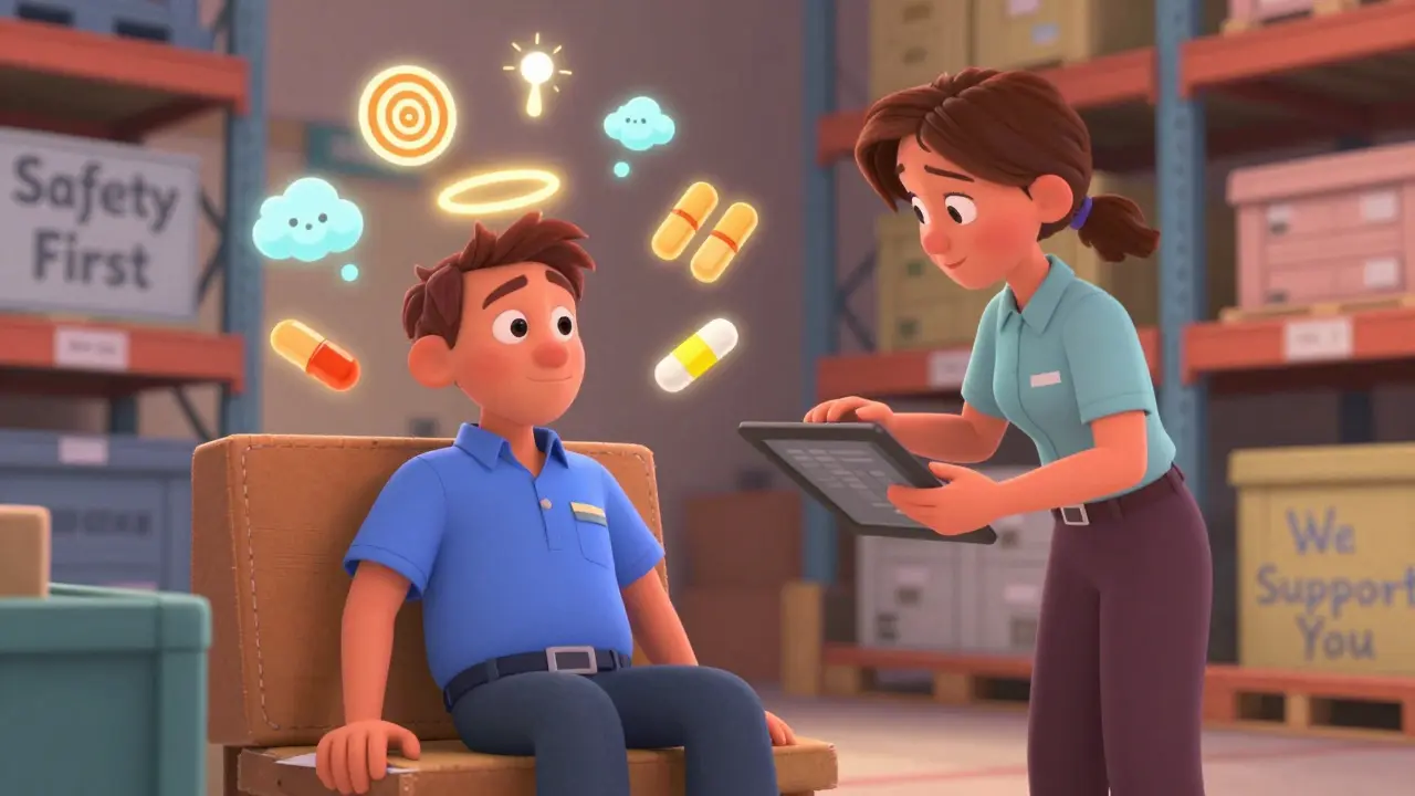 Warehouse employee takes a rest break with floating icons of medication side effects nearby.