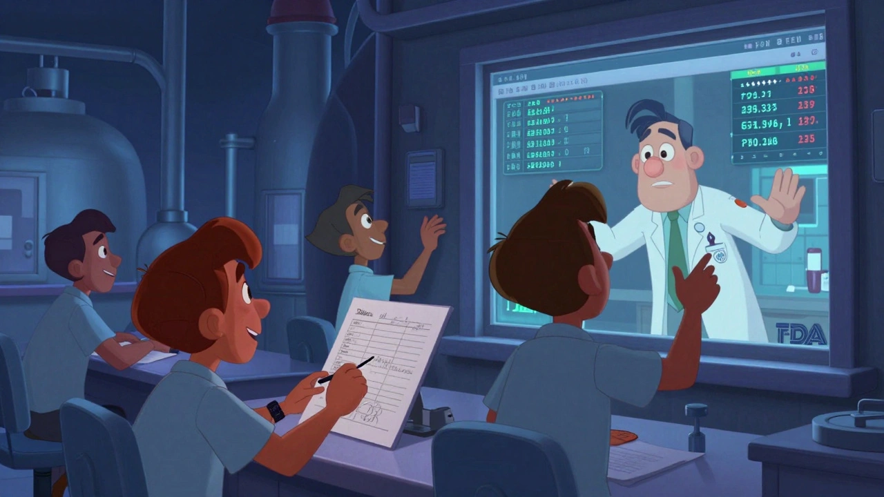 Workers reacting to a surprise FDA inspection with real-time digital documentation glowing in the background.