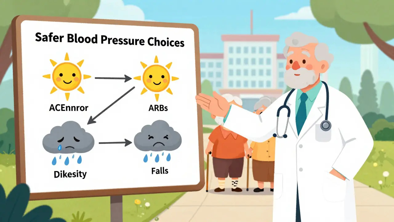 A doctor explaining safe blood pressure meds as smiling suns versus storm clouds, with an elderly couple walking safely.