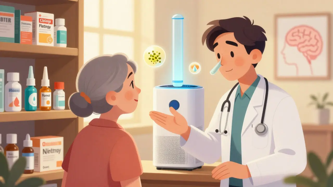A doctor guiding someone toward safe allergy remedies like a Neti pot and air purifier instead of pills.