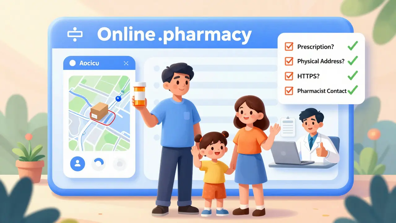 A family holds medicine bottles in front of a glowing safe pharmacy portal with a pharmacist on video call.