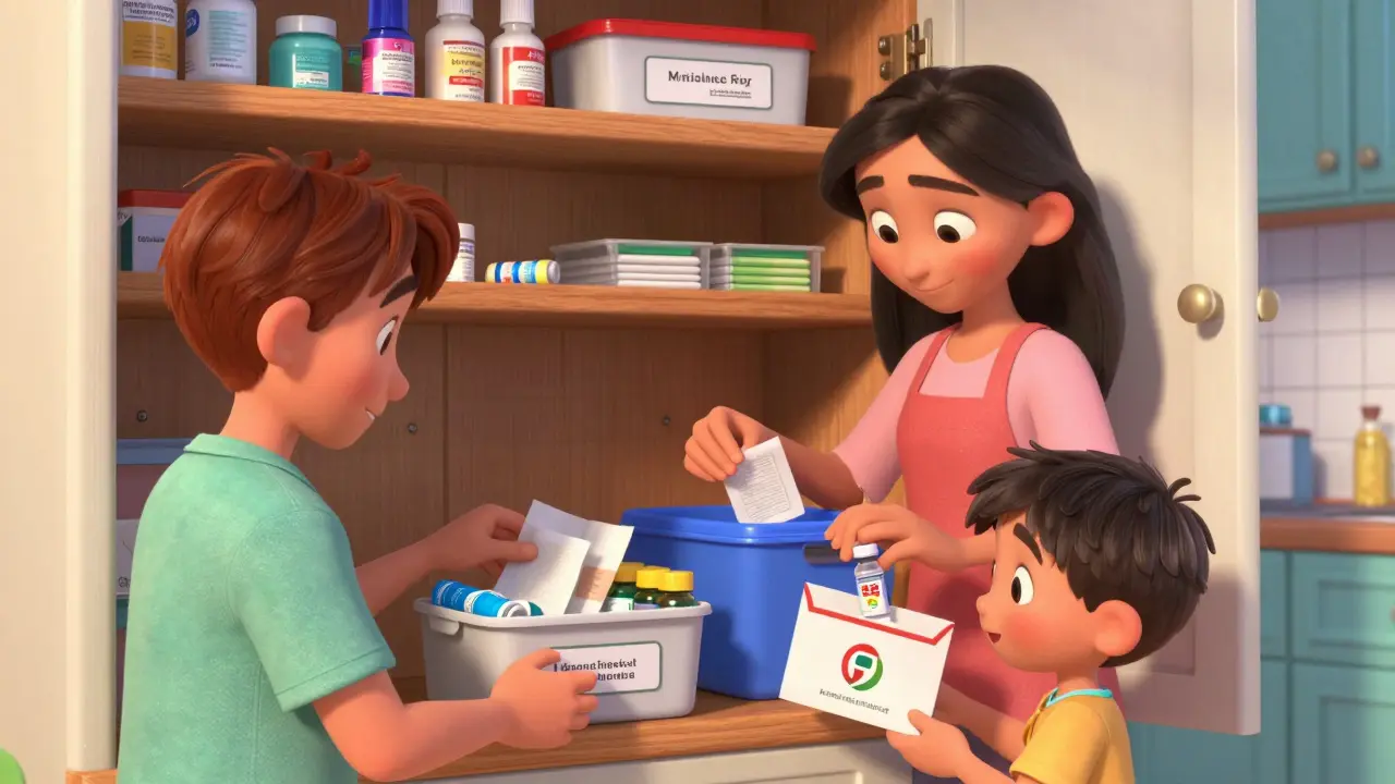 A family organizing a clean medicine kit with bandages and mail-back envelopes in a kitchen cabinet, Disney-style.
