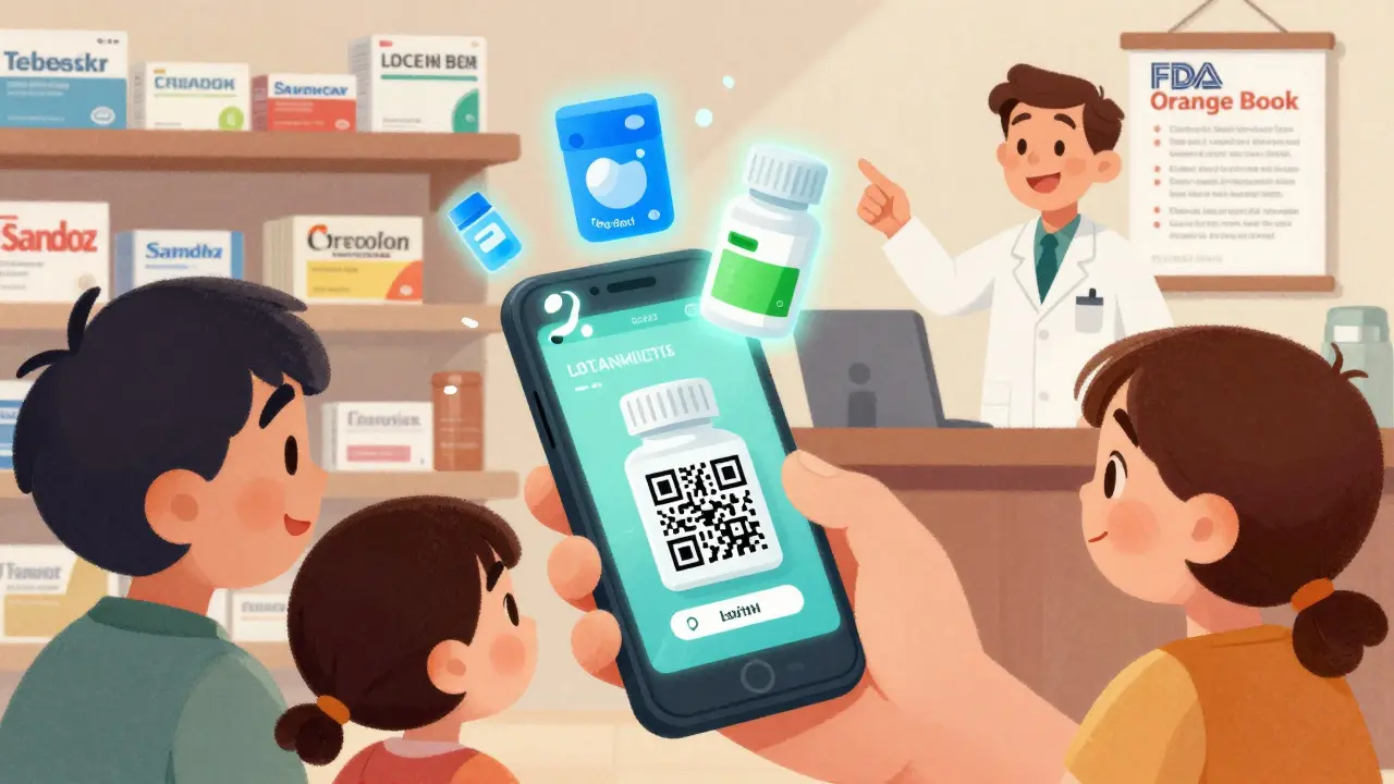 A family scans a drug code with their phone, seeing digital info about the medication's origin.