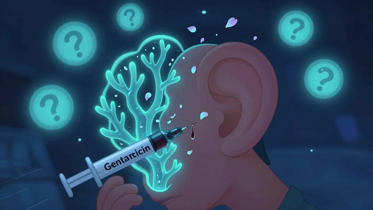 A glowing inner ear with delicate hair cells crumbling as a medicine syringe drips nearby, shown in whimsical Disney animation style.