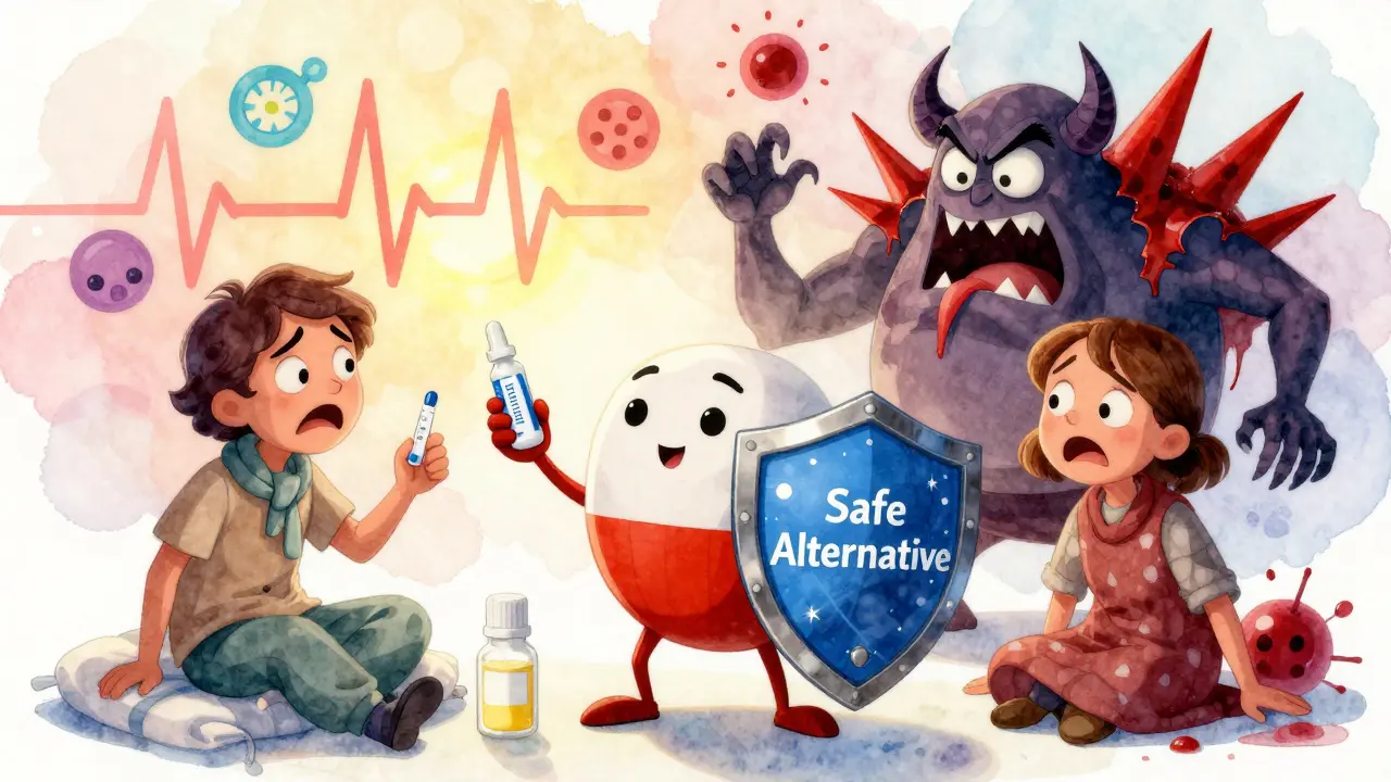 A hero pill with a shield standing between frightened patients as a dangerous interaction monster collapses.