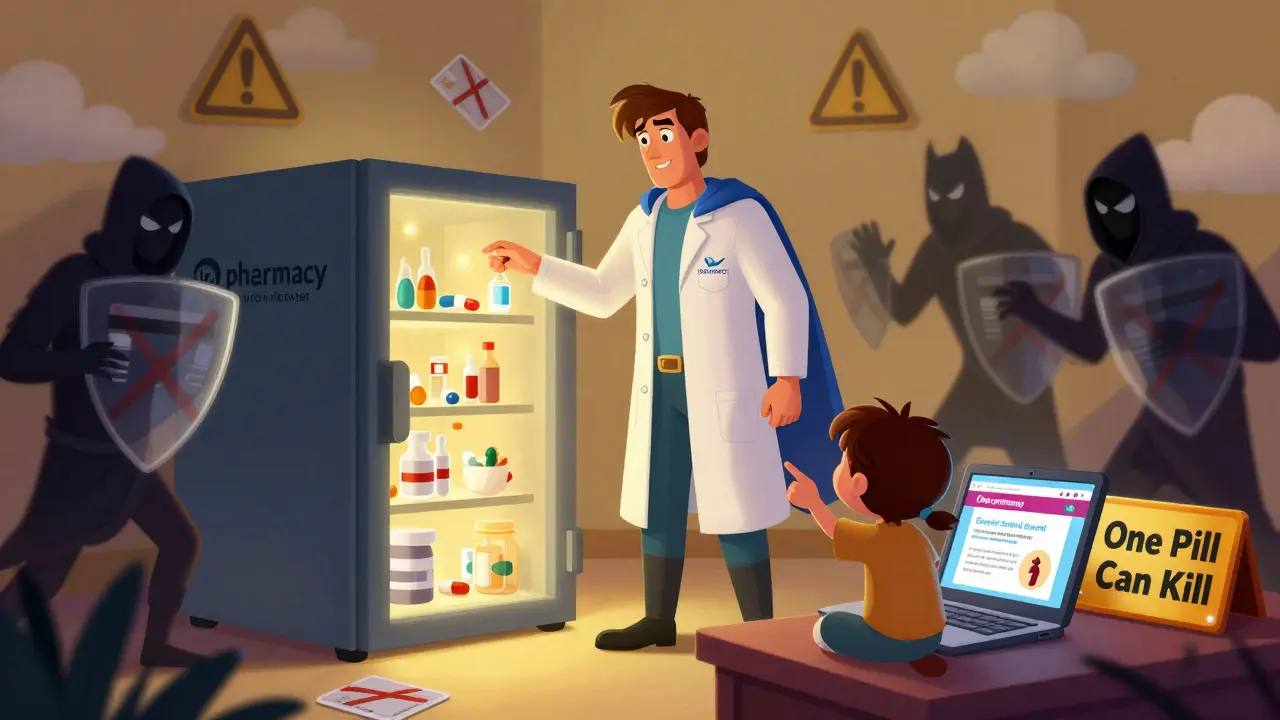 A heroic pharmacist protects real medicine from villains trying to sell fake drugs online.