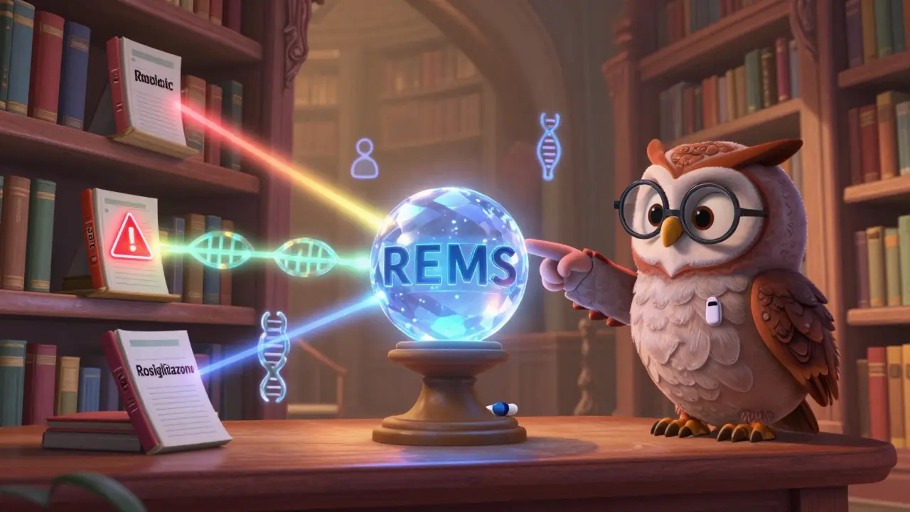 A magical library where drugs connect to a REMS crystal orb, guided by an expert owl.