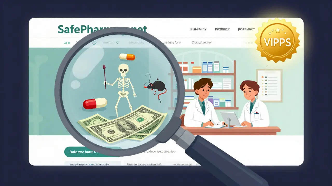 A magnifying glass exposes fake pills and poison inside a scam website, next to a legitimate pharmacy with a VIPPS seal.