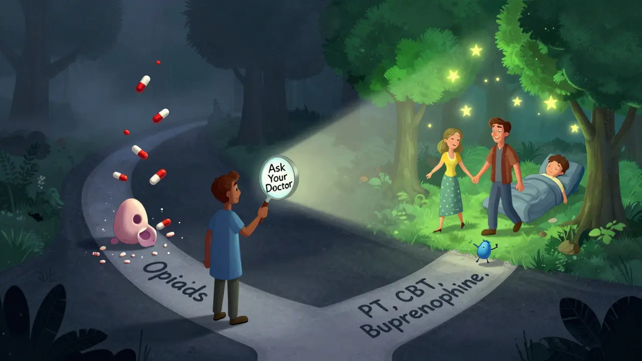 A patient at a crossroads: one path leads to opioids, the other to safer pain treatments with glowing health symbols.