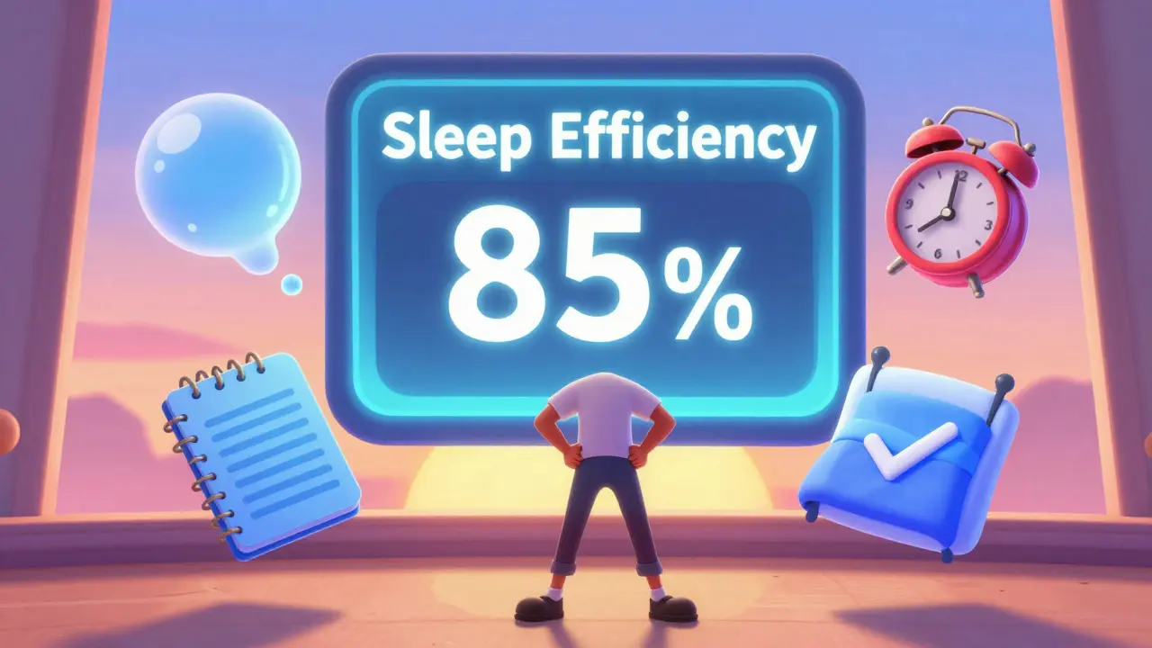 A person standing beside a glowing sleep efficiency dashboard with five healing tools floating around.