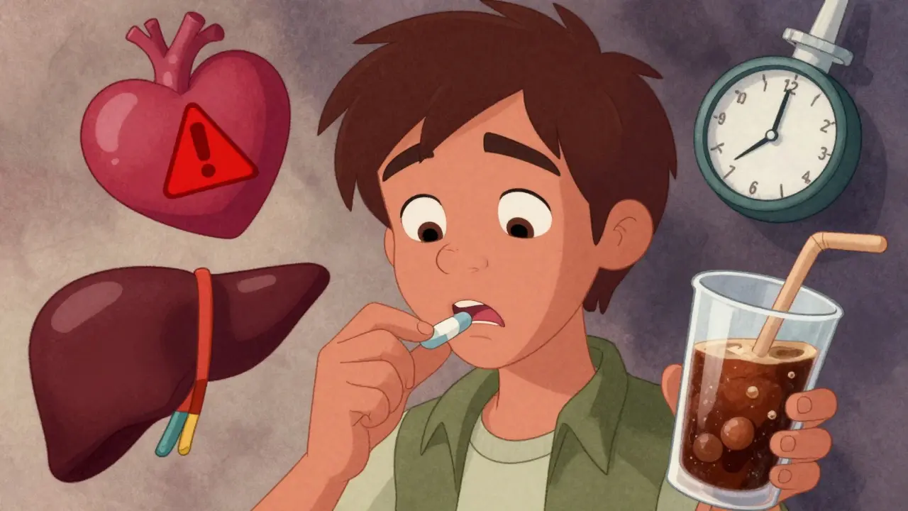 A person taking a combo cold pill surrounded by hidden health dangers like a damaged heart and liver.