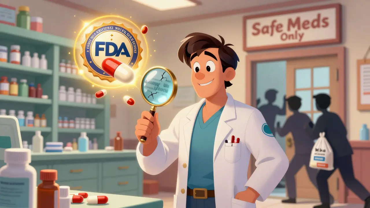A pharmacist defends safe medications against counterfeit drugs in a brightly lit pharmacy.