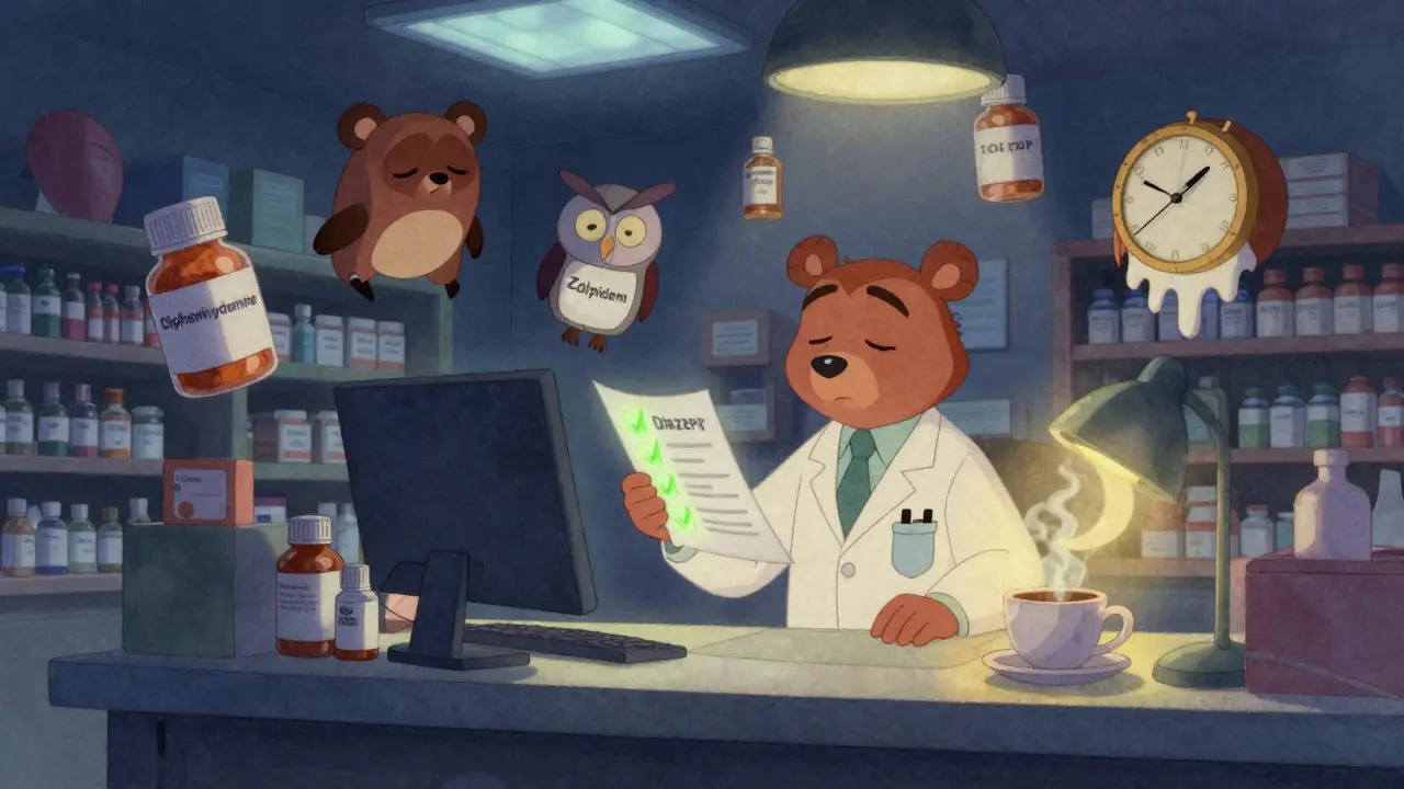 A pharmacist surrounded by sleepy, mislabeled medication creatures in a dimly lit pharmacy during a night shift.