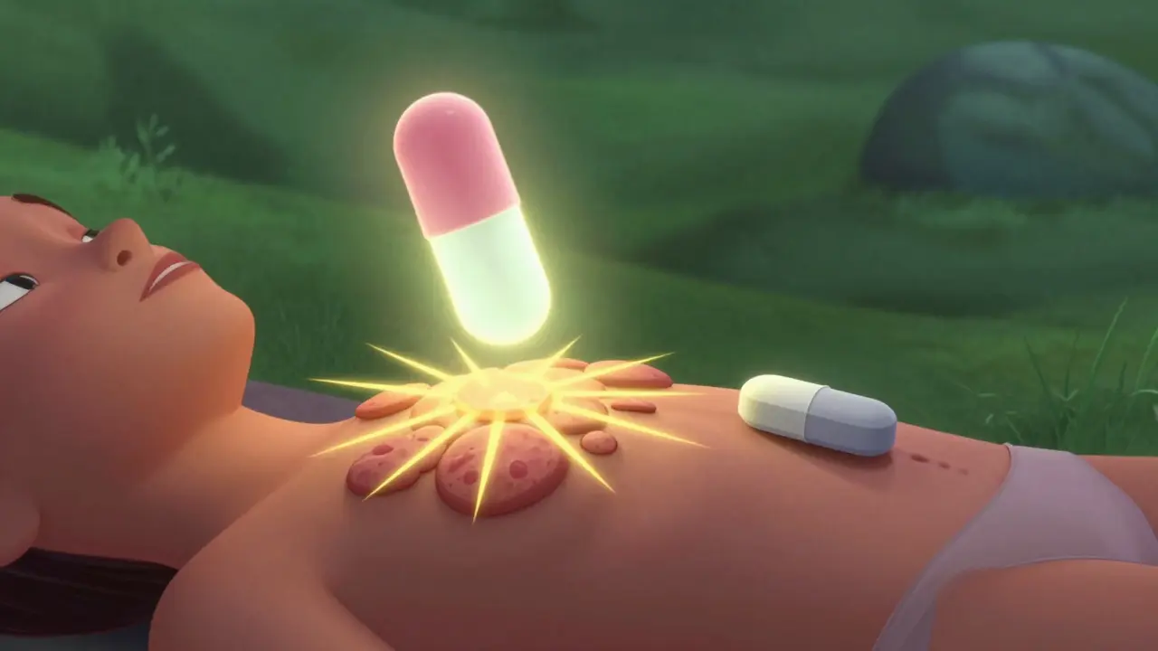 A pill blocks skin receptors, causing inflamed plaques to form, while a safer alternative approaches.