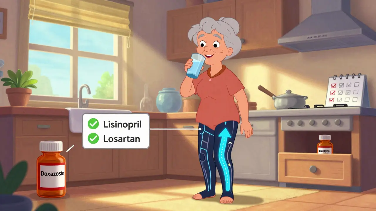 A senior woman drinking water with compression socks, healthy blood flow arrows, and safe medication labels.
